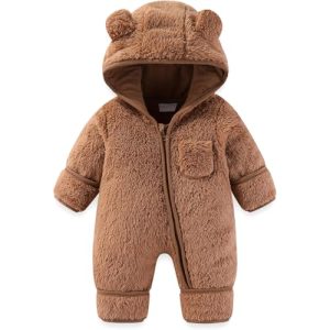 Yoolhamy Traje de nieve para bebé recién nacido, ropa de cochecito de bebé, mameluco con capucha de oso, abrigo de invierno con orejas de oso para 0-3M, 3-6M, unisex, para niños y niñas, marrón, 3-6