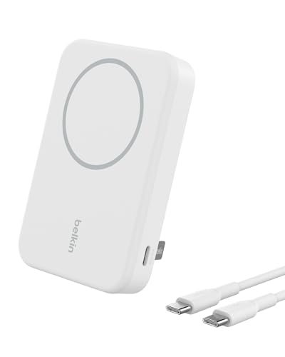 Belkin BoostCharge Pro batería Externa inalámbrica de 8000 mAh con Qi2, Cargador portátil Compatible con MagSafe + Soporte Caballete, iPhone 16, 16 Plus, 16 Pro, 16 Pro MAX, iPhone 15 y Otros, Blanco