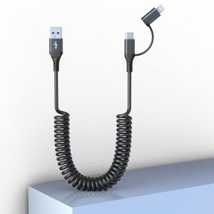 2 en 1 Cable USB a USB C y Lightning – Carga Rápida 3A, Sincronización de Datos, Apple CarPlay, Android Auto Cable Coche para iPhone 15/14/13/12/11 Pro/max y Smartphones Android con USB C