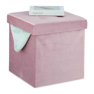 Relaxdays Taburete Plegable de Terciopelo, Reposapiés con Almacenaje, Acolchado, 38 x 38 x 38 cm, Puff para Salón, Rosa