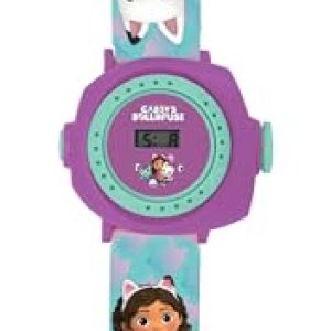 LEXIBOOK, Gabby’s Dollhouse, Reloj de proyección Ajustable con Pantalla Digital, 20 imágenes de la Serie Casa de Muñecas de Gabby, para niños, Azul/Morado, DMW050GDH