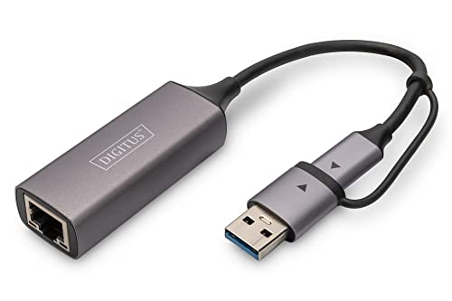 DIGITUS Adaptador de Red USB - 2,5 Gbit/s - RJ45 a USB-C 3.1 - Incl. Adaptador Tipo A - Full Duplex - Auto MDI-X - Gris