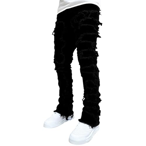 Vaqueros Slim Fit Stretch Layered para Hombre Vaquero Pitillo Rectos Pantalones Vaqueros Hip Hop Desgastados (Negro,M)