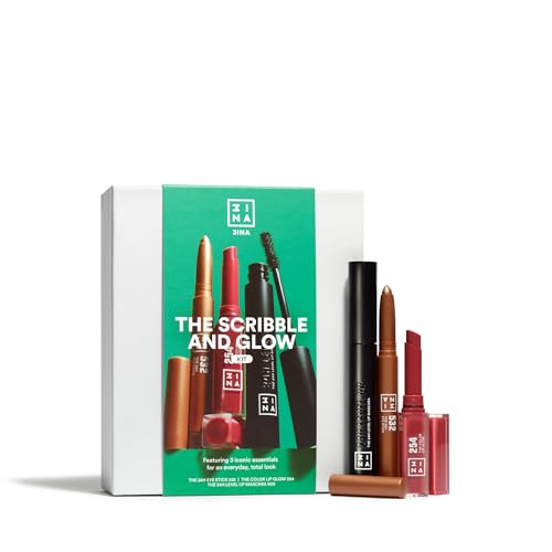 3INA MAKEUP - The Scribble and Glow Kit - Set Maquillaje - 24h Eye Stick 532 + Color Lip Glow 254 + 24h Level Up Mascara 900 - Sombra de ojos + Labial + Mascara - Vegan - Cruelty-Free