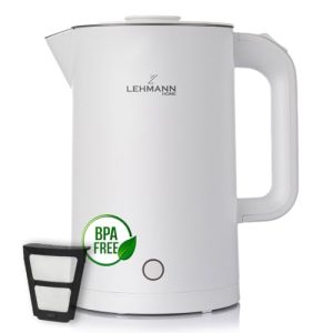 LEHMANN Hervidor de Agua Eléctrico de Acero Inoxidable, 1,7L, 2200W, Ebullición Rápida, Doble Pared, Base 360°, Apagado Automático, sin BPA, Ideal para Té, Café y Alimentos para Bebés, Blanco