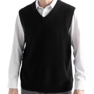 Chanyarn Hombre 100% Lana Merina de Jersey Sin Mangas Cuello Pico Ligero Otoño e Invierno Essentials Chalecos de Punto (Black,S)