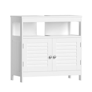VASAGLE Mueble Bajo Lavabo, Mueble de Baño, Armario Bajo Lavabo, con 2 Puertas de Lamas, Mucho Almacenamiento, Estilo Moderno, 30 x 60 x 60 cm, Blanco BBC02WT