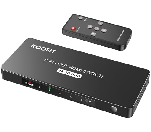 HDMI Switch 4K, HDMI Splitter 5 en 1 Salida con Mando Soporta 4K, 3D y UHD, 5x1 Conmutador Switch Automático para PS5, PS4, PS3, Xbox, BLU-Ray, Roku, DVD, DVR, PC, TV, Proyector