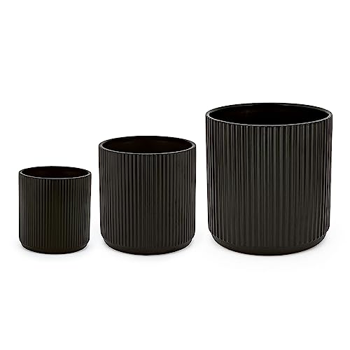 Amazon Basics Redondo Macetas de cerámica, varios tamaños, estriada, Paquete de 3, 15.2, 20.3, y 25.4 cm, negro