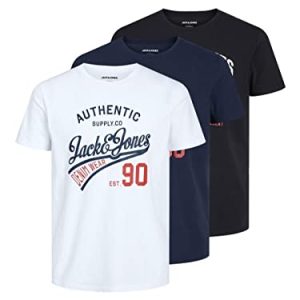Jack & Jones Pack de 3 Camisetas Masculinas con Logo Cuello Redondo, Negro/Pack:Black+White+navyblazer, S