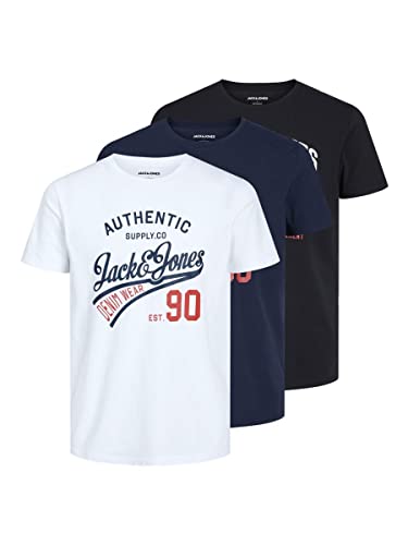Jack & Jones Pack de 3 Camisetas Masculinas con Logo Cuello Redondo, Negro/Pack:Black+White+navyblazer, S