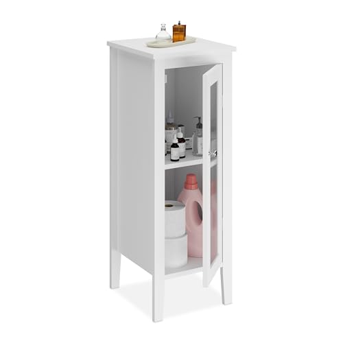 Relaxdays Armario Baño, 81 x 30 x 33 cm, Mueble Auxiliar WC con 2 Compartimentos, Puerta con Ventana, Estrecho, Blanco