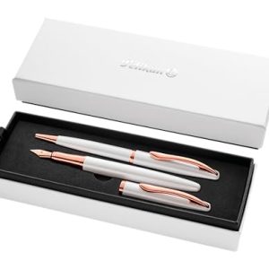 Pelikan, Set de Bolígrafo y Pluma Estilográfica Jazz Nobel Elegance, Diseño Moderno y Sofisticado, Tinta Azul, Con Clip Elástico y Elegante Caja de Regalo, Color Perla