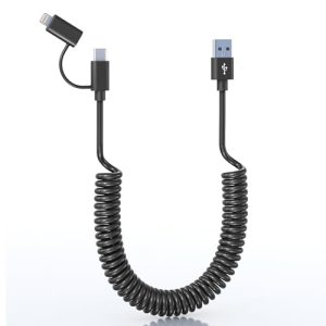 Cable USB a USB C y Lightning en espiral 2 en 1 para Apple Carplay y Android Auto Cable, carga rápida, transferencia de datos y certificado MFi corto en espiral tipo C y cable Lightning para iPhone y