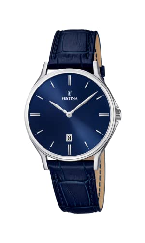 Festina Reloj Hombre Analógico de Cuero Azul - Movimiento de Cuarzo - Calendario - Cristal Mineral de Alta Resistencia - Resistente al Agua 5 ATM Elegante y Clásico F16745/3