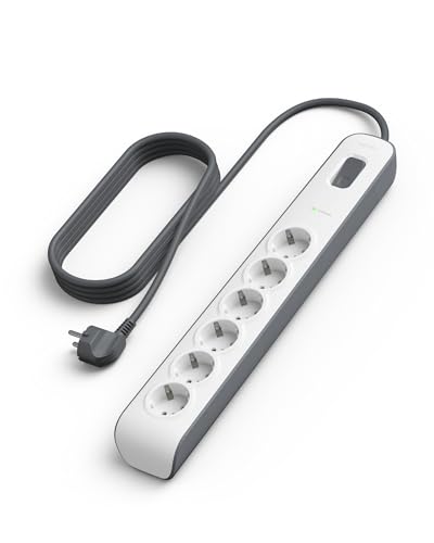 Belkin Regleta de enchufes de 6 tomas con protección contra sobretensiones, ladrón con 6 enchufes de CA protegidas, 650 julios, cable de 2 metros, multiplicador de enchufes con protección eléctrica