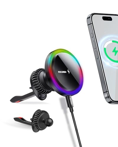 Rocoren 15W Cargador Inalámbrico Coche Compatible con MagSafe, Carga Rápida Soporte Movil Coche Magnético Salida de Aire con Cargador para iPhone 16/15/14/13 Series