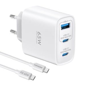 65W Cargador USB C 3 Puertos, Cargador Carga Rapida PD3.0 GAN Enchufe USBC Compatible con MacBook Pro, para iPhone 17/16/15, iPad Pro, Galaxy S25/S24, Pixel, Steam Deck DELL, Blanco con Cable Tipo C