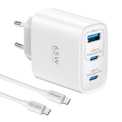 65W Cargador USB C 3 Puertos, Cargador Carga Rapida PD3.0 GAN Enchufe USBC Compatible con MacBook Pro, para iPhone 17/16/15, iPad Pro, Galaxy S25/S24, Pixel, Steam Deck DELL, Blanco con Cable Tipo C