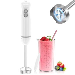 Bonsenkitchen Batidora de Mano 2 en 1, 1000 W, Acero Inoxidable, 2 Velocidades, con Vaso Medidor de 700 ml y Tapa, para Papillas, Sopas, Batidos y Purés