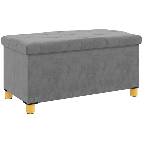 HOMCOM Puff Almacenaje, Banco Almacenaje Plegable, Capacidad de 67 L, 76x38x38 cm, Tapizado en Terciopelo, Baúl de Almacenamiento Dormitorio, Carga 120 kg, para Sala de Estar, Entrada, Gris