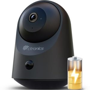 Ctronics 2K 3MP Cámara Vigilancia Interior con Batería, Visión Nocturna IR 20m, App/PC,128GB/Cloud, Detección PIR, 360° PTZ, 2.4G WiFi, Audio Bidireccional, Negro