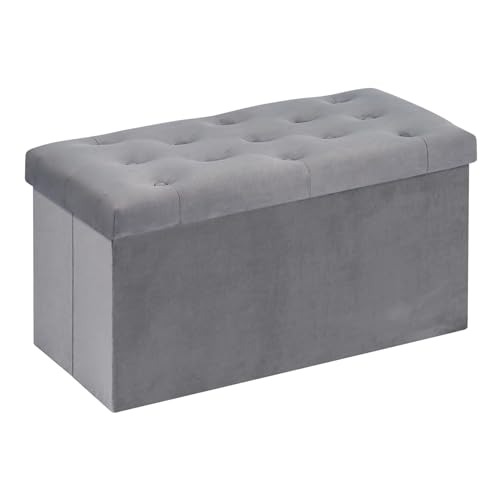 Bonlife Taburete de Almacenamiento Plegable de Franela Baul Grande Dormitorio Caja Almacenaje Retro Interior Banco Madera Juguetes Gris 80x40x40cm