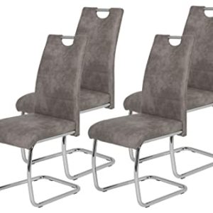 Hela Tische, Flora II Set de 4 Sillas Basculantes, Sillas de Cocina de Microfibra Gris de Aspecto Vintage, Estructura de Tubo Redondo Cromado, Respaldo con Agarre