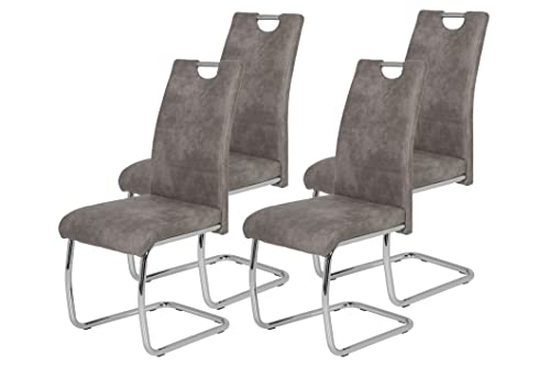 Hela Tische, Flora II Set de 4 Sillas Basculantes, Sillas de Cocina de Microfibra Gris de Aspecto Vintage, Estructura de Tubo Redondo Cromado, Respaldo con Agarre