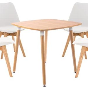 CLP Juego De Comedor Liborg para 4 Personas I Set De Mesa & 4 Sillas Nórdicas En Madera con Asientos En Polipiel, Color:Natural/Blanco