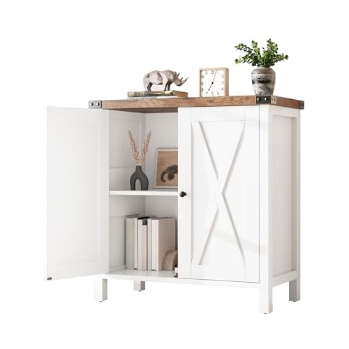 GarveeMore Mueble Cocina Aparador con Puertas y Estante Regulable Buffet Rustico para Cocina, Salón o Comedor Mueble Auxiliar 76x40x80 cm Marrón+Blanco
