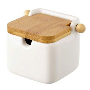D’CASA Azucarero Blanco Stoneware 8 x 10,50 x 8 cm con Tapa de bambú, 8×10,5×8 cm