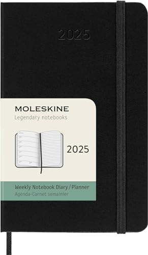 Moleskine Weekly Planner, Agenda Semanal con Espacio para Notas 12 Meses 2025, Tapa Dura y Cierre Elástico, Color Negro, Formato Bolsillo 9x14 cm