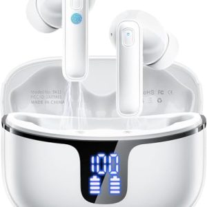 Auriculares Inalambricos Bluetooth, Cascos Inalambricos Bluetooth 5.4 HiFi Estéreo, 48H Auriculares inalámbricos con 4 ENC Cancelacion Ruido HD Mic, IP7 Impermeable/Carga Rápida Tipo-C, Blanco puro