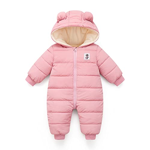 JiAmy Abrigo de invierno para bebé, mameluco con capucha cálido para niñas y niños, ropa de nieve para bebés de 0 a 18 meses, rosa, 3-6 meses