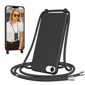 Jrkvniv Funda para iPhone SE 2020/SE 2022/7/8 con Cuerda, Suave TPU Silicona Case con Correa Colgante, Ajustable, Desmontable, Forro de Microfibra, Carcasa AntiChoque con Correa, Negro
