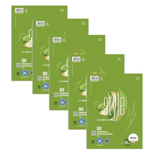 Staufen 608573000 - Bloc de notas Green, DIN A4, punteado, 80 hojas, 4 agujeros, papel reciclado premium blanco 70g/m², 5 unidades