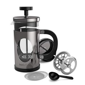 bonVIVO Cafetera Francesa GAZETARO I – Prensa Francesa de Émbolo en Acero Inoxidable y Cristal – Cafetera de Émbolo Manual para Café Molido, Cold Brew e Infusiones, 350ml Plata