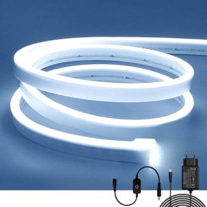 ShineBurky Tira LED de Neón Blanco Frío 5M, 12V Luz de Neon Impermeable IP65 Regulable LED Strip Flexible para Interior Exterior Cocina TV Decoración Accesorios de Juego [con Adaptadores]