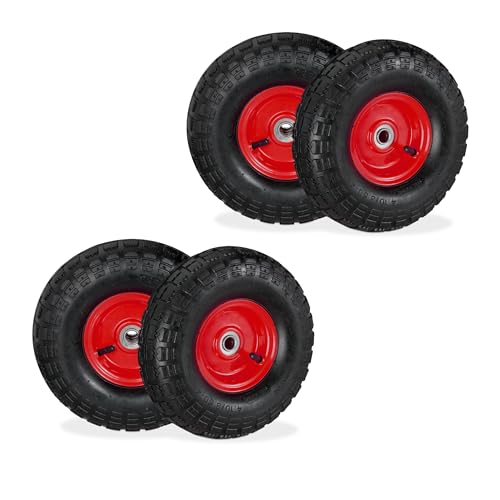 Relaxdays 4 Ruedas de Carro, 4.10/3.50-4, Neumáticas, Eje 16 mm, 136 kg, Llantas de Acero, 260 x 85 mm, Negro y Rojo