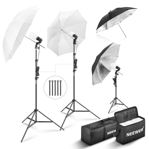 NEEWER - Kit de iluminación para fotografía (600 W, Equivalente incandescente con 2 Paraguas Blancos, 2 Paraguas Negro, 3 Bombillas LED de 24 W, 3 Soportes de luz, 2 Bolsas, 5 Cierres de Cables, 3