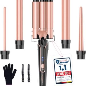 BESTOPE PRO Juego de plancha ondulada 5 en 1: cuenta con 3 barriles de cerámica para crear olas grandes, incluido un ajuste de temperatura, calentamiento rápido y un guante, 2 clips, oro rosa