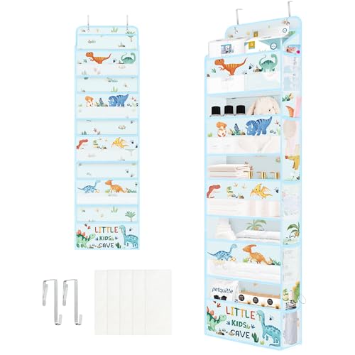 Clastyle Organizador Colgante Puerta Kids Dinosaurio Bolsa Almacenamiento Colgante para Pañales Ropa Juguetes Almacenaje Colgante para Dormitorio Baño Camping, Azul, 5 Bolsillos
