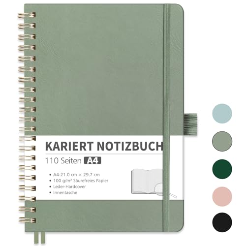 RETTACY Cuaderno A4, cuadriculado, Bullet Journal, con papel grueso de 100 g/m², 55 hojas, cuaderno universitario para oficina y escuela, funda de piel, color verde claro, 21 cm x 29,7 cm