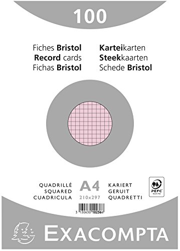 Exacompta - 10236E - 100 fichas bristol cuadrícula 5x5 sin perforar - retractiladas - compatibles con impresoras inkjet, láser y fotocopiadoras - formato 210 x 297 mm - color rosa