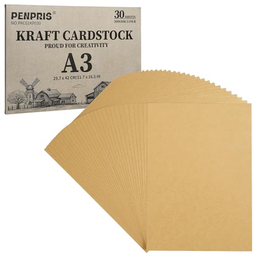 300GSM A3 Cartulina Kraft Marrón - 30 Hojas De Papel De Cartulina Papel Grueso 110lb Para Navidad, Fabricación De Tarjetas, Tarjetas Postales, Invitaciones PAC01KP030