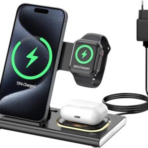 Aimtel Cargador Inalámbrica Plegable 3 en 1 Compatible con Apple Watch Ultra 3/2/10/SE,para iPhone 17/17 Pro/17 Pro Max/16/15/14/13/12,Air-Pods Pro 4/3/2 con Lámpara de Noche Estación de Carga