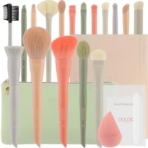 Docolor Juego de Brochas de Maquillaje Profesional 17 Piezas, Kit Completo Color Morandi con Bolsa de Viaje, Esponja y Guía de Uso, Pinceles de Maquillaje Premium Synthetic para Cara y Ojos, Rubor