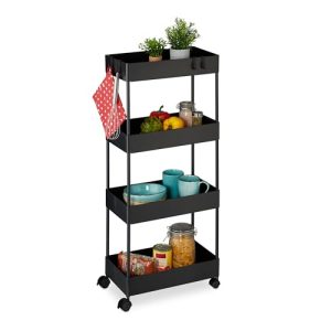 Relaxdays Carrito Auxiliar, 4 Niveles, 93 x 40 x 22 cm, 4 Ruedas, Baño, Cocina, Metal y Plástico, Carro Estrecho, Negro