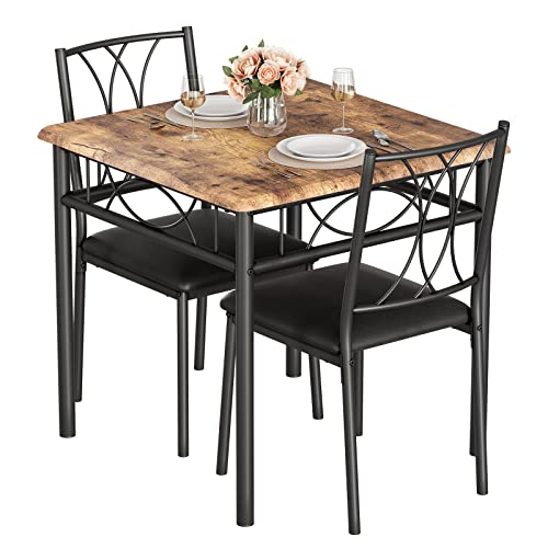 GarveeMore Conjunto de Comedor de 3 Piezas para 2 Personas, Mesa con Estructura Metálica Robusta, 2 Sillas de PU, Color Marrón, Ahorra Espacio, para Apartamentos y Espacios Pequeños